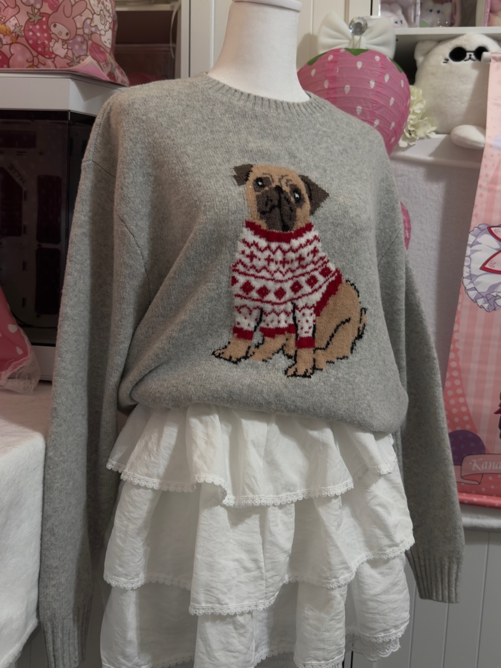 Hollister Gray Crewneck Sweater with Pug Winter Top Cute Puppy Fall Outfits Warm